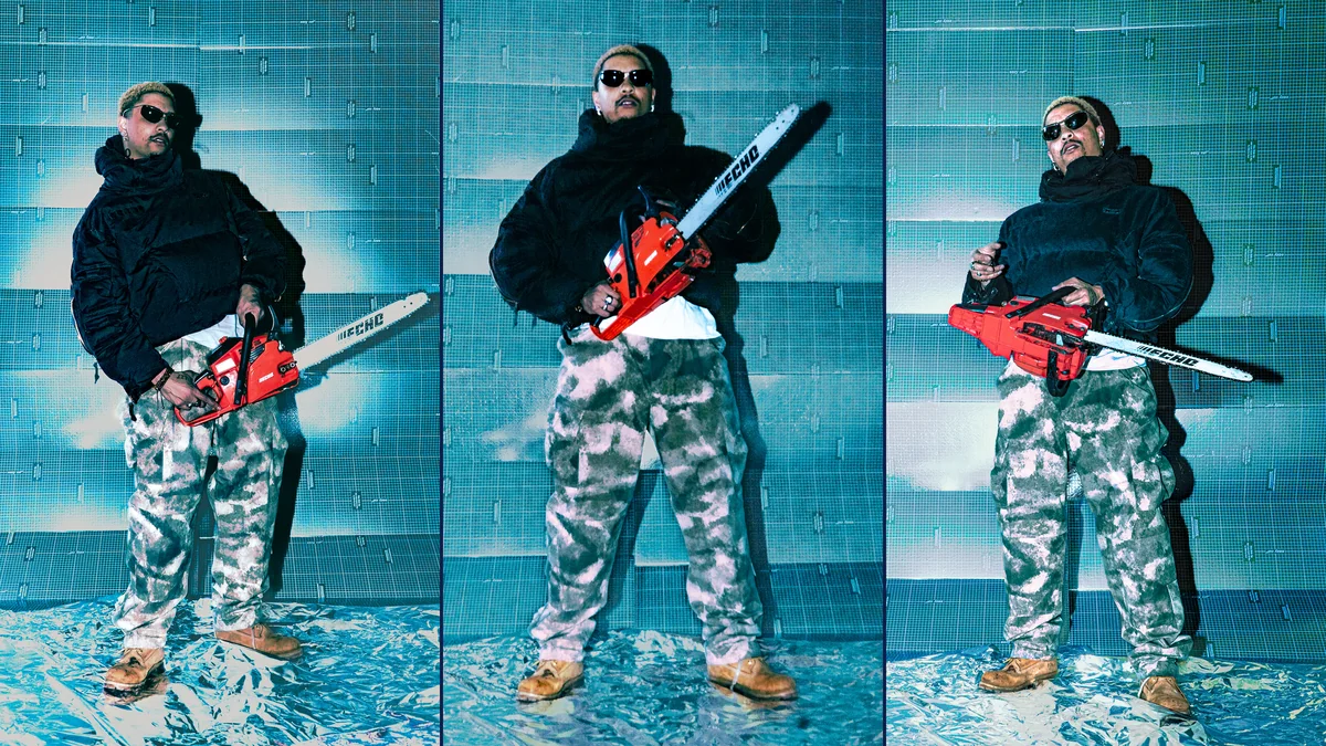 Three fashion editorial portraits in the approved left, center and right order, with red chainsaws against turquoise tile.