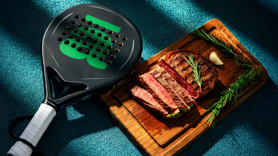 A padel racket beside sliced steak on a wooden board, photographed in diagonal light.