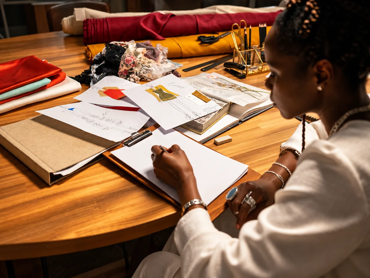 Fashion designer at work. Editorial illustration of design / garment development.