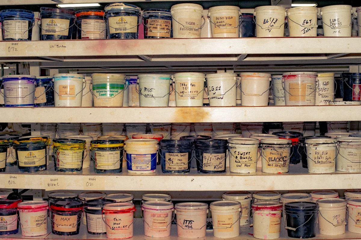Ink storage. Editorial illustration of screen printing / production materials.