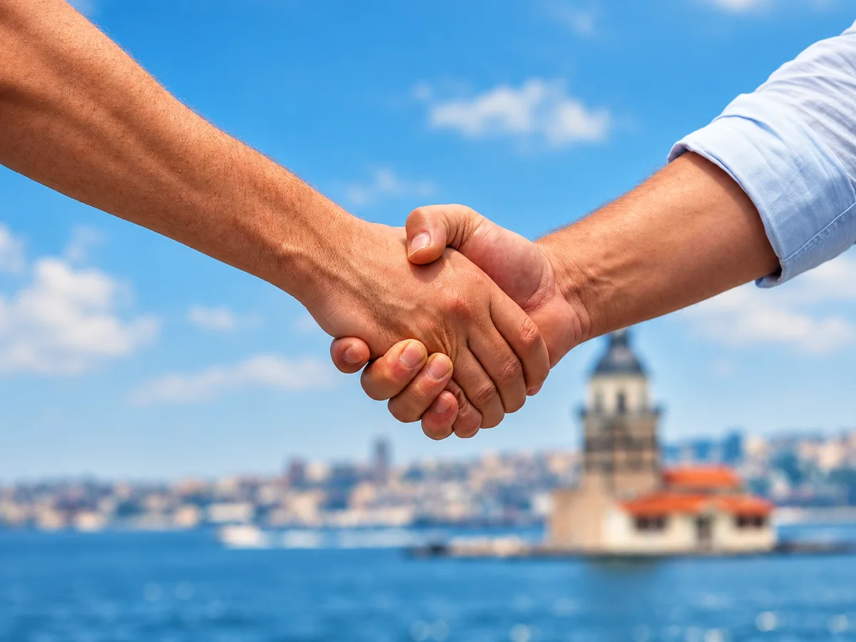 Handshake by waterfront. Editorial illustration of partnership / strategic / sales.