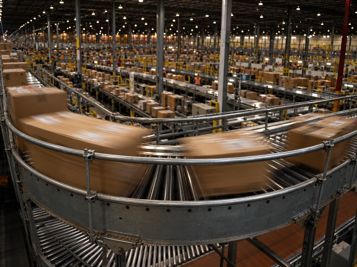 Edited editorial illustration of cartons moving around a warehouse conveyor bend.