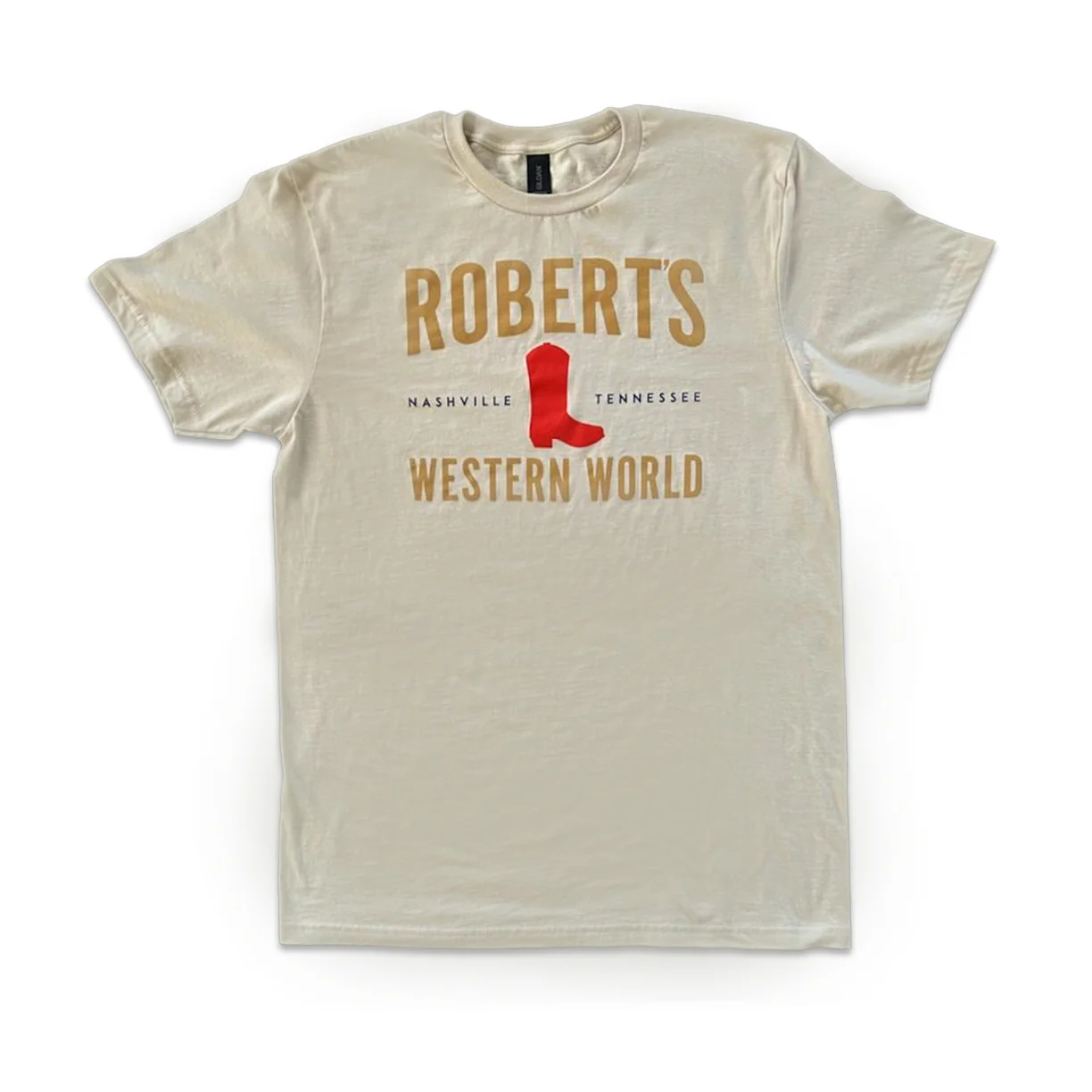 Sand-colored Robert’s Western World T-shirt.