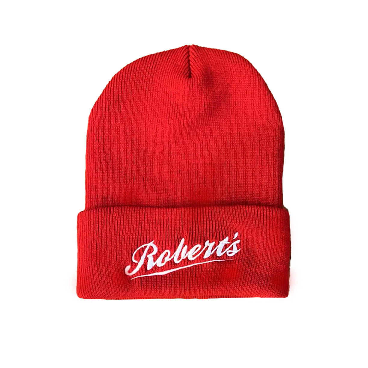 Red embroidered Robert’s Western World beanie.