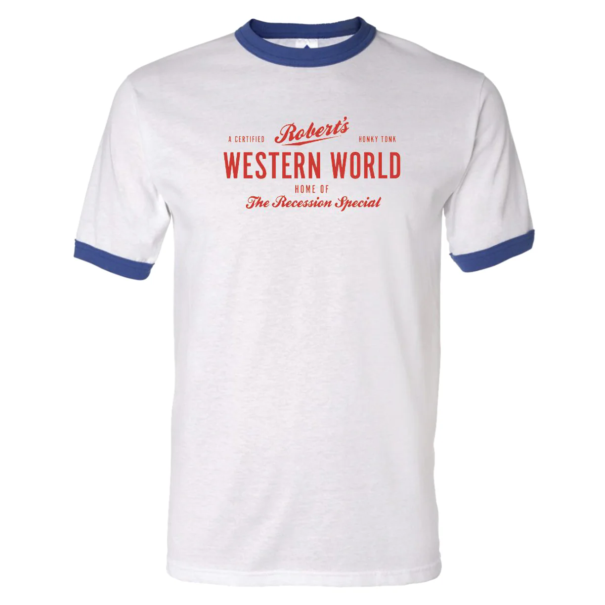 Blue and white Robert’s Western World ringer T-shirt.